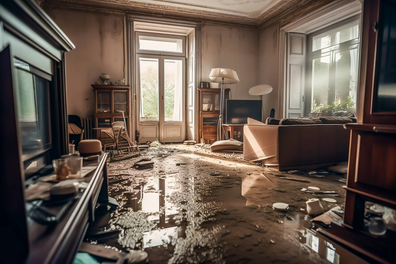 Living room water damage mitigation with drying equipment in Chandler, AZ