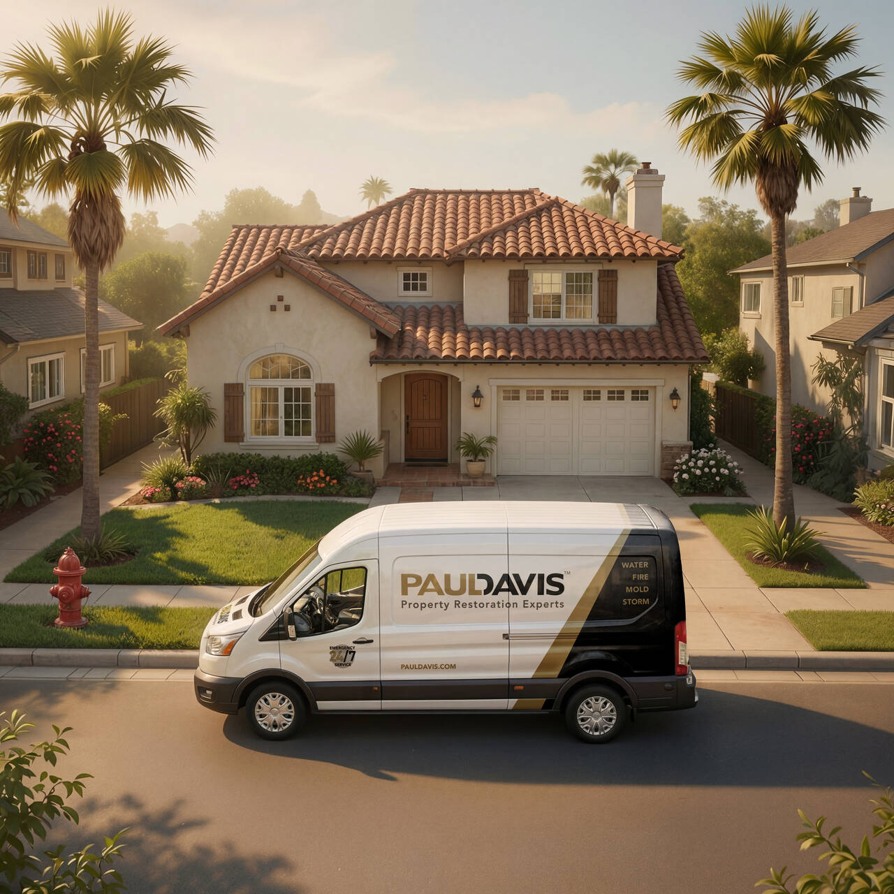 Paul Davis water damage restoration van at a Mesa, AZ home