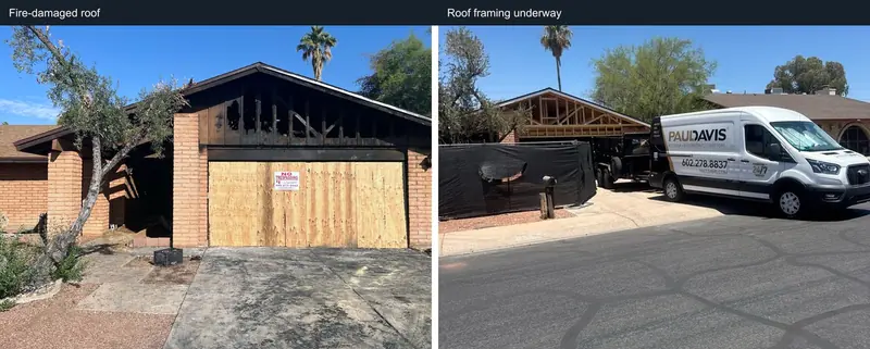 Fire-damaged roof on the left and roof framing underway on the right: phoenix fire roof reconstruction.